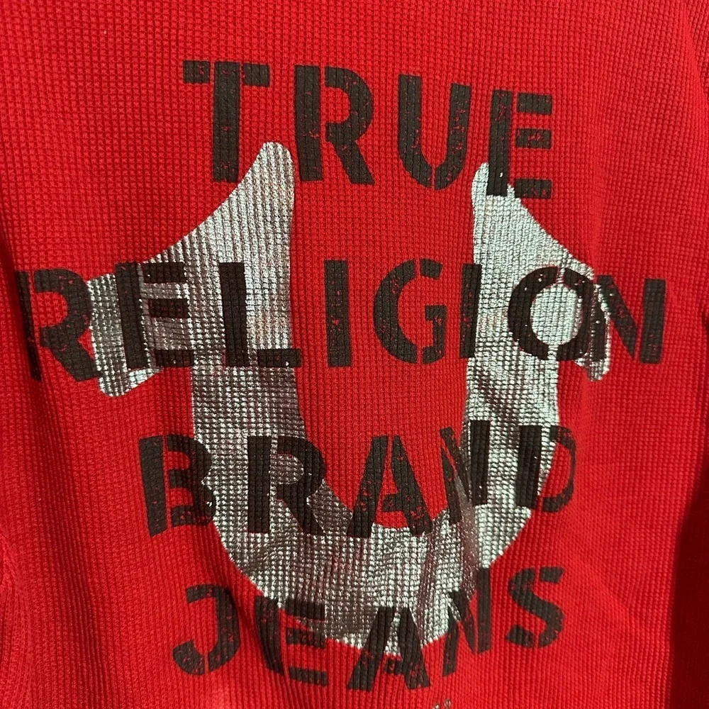 True Religion Shirt Mens Lg Red Dahlia Long Sleeve Rib Henley Waffle Logo EUC